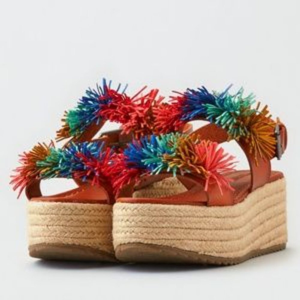AE cute colorful pom pom chunky heel platform espadrilles sandals, 6